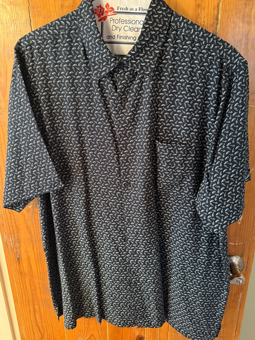 Vintage Silk Navy Shirt with White Leaf Print